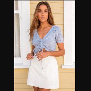 NWT - Lulus Only Yours Dusty Blue Crochet Ruched Short Sleeve Sweater Top